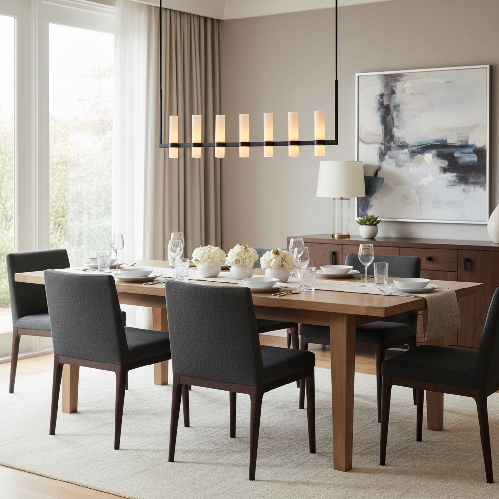 Crystalline Milk Glass Shaded Modern Linear Chandelier 59''/ 71" - dining room Scene