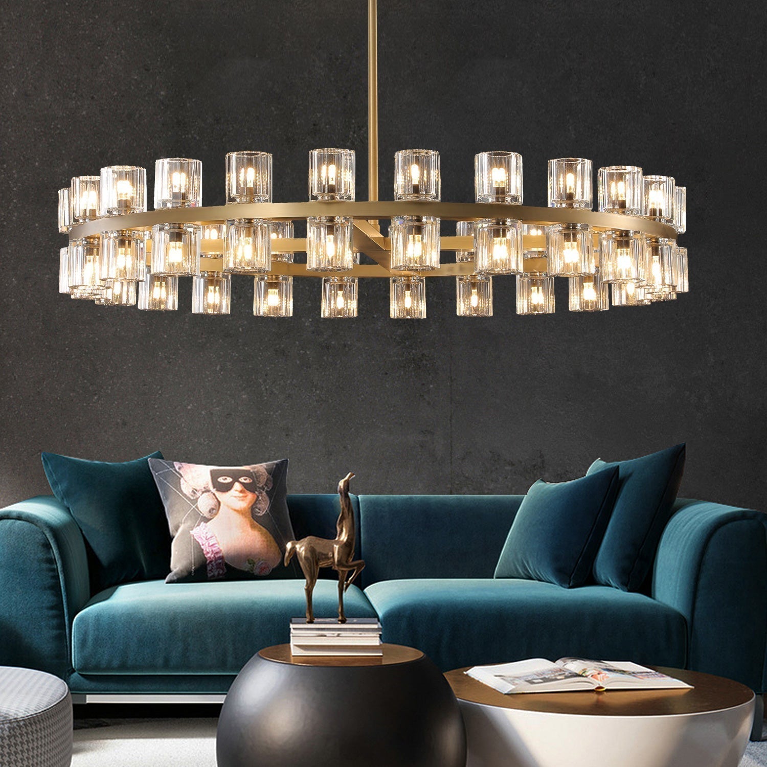 The rhythmic design of this chandelier collection is inspired by the shape and scale of industrial gears, where spokes are interlaced with negative space to interlock with other gears. Here, the spokes are hexagonal in form, juxtaposed with a circular interior, crafted from crystal glass, running along a simple, sturdy metal frame. The light shines through the glass as if it were a candle.