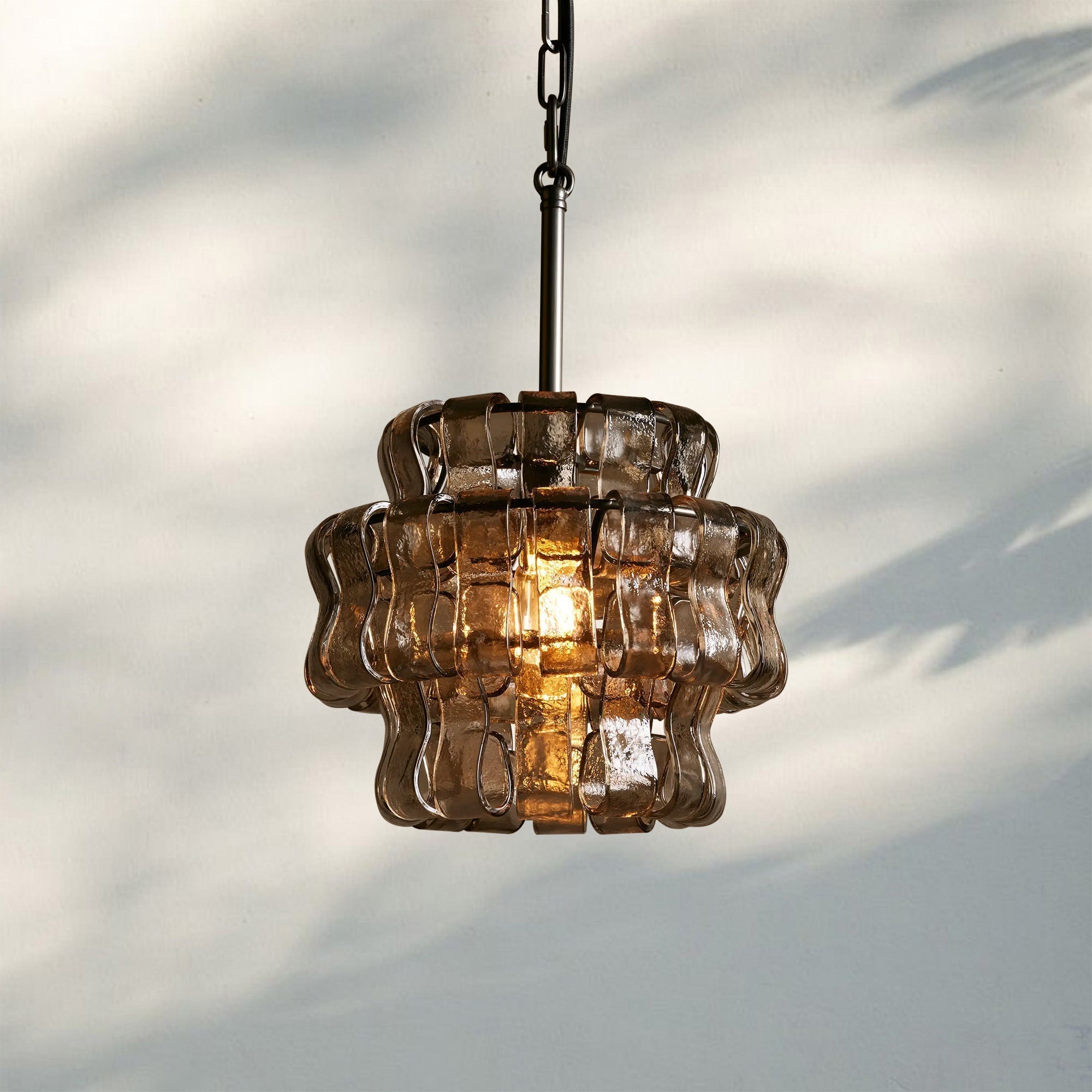 Ghiaccio Round Textured Glass Pendant Light in Brass or Bronze