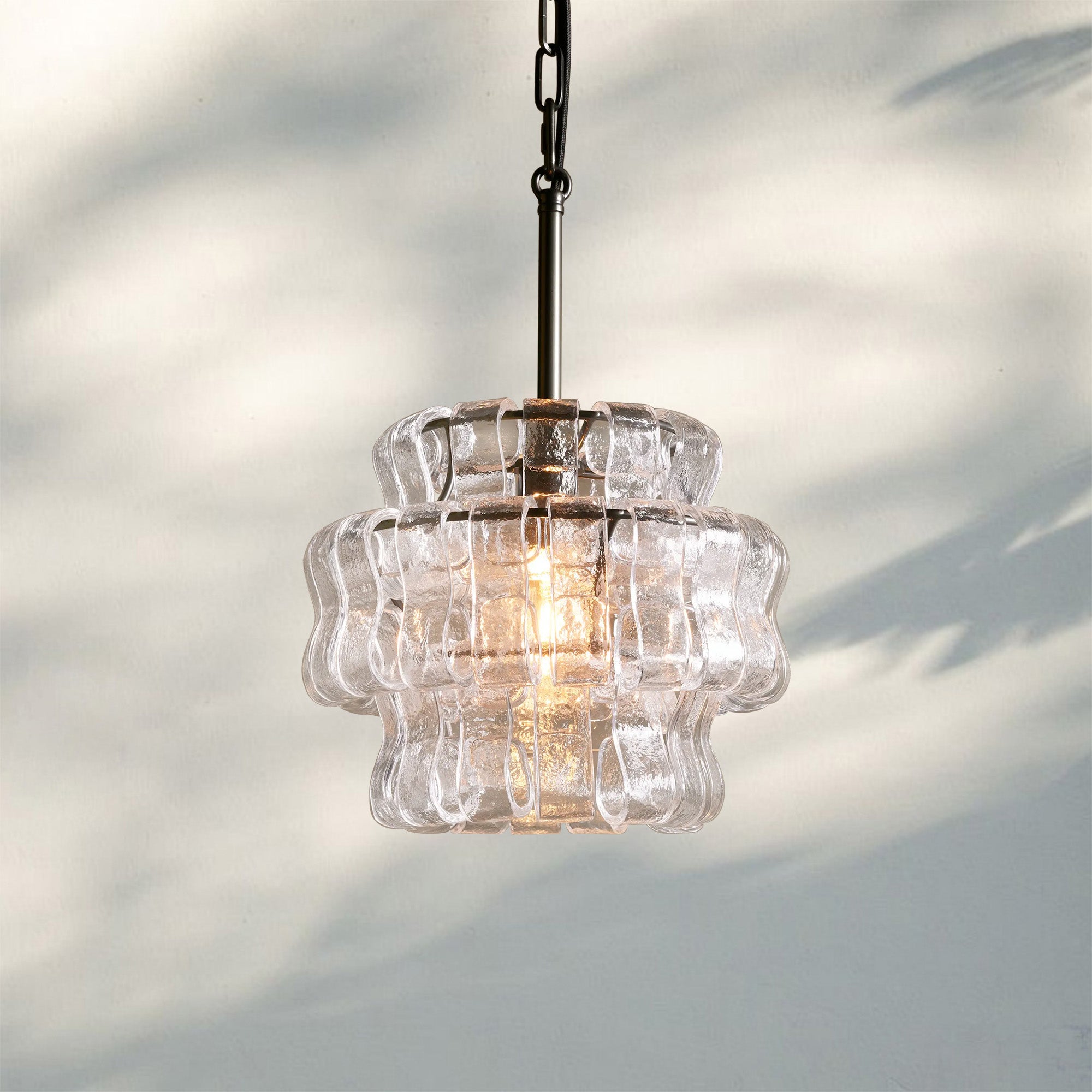 Ghiaccio Round Textured Glass Pendant Light in Brass or Bronze