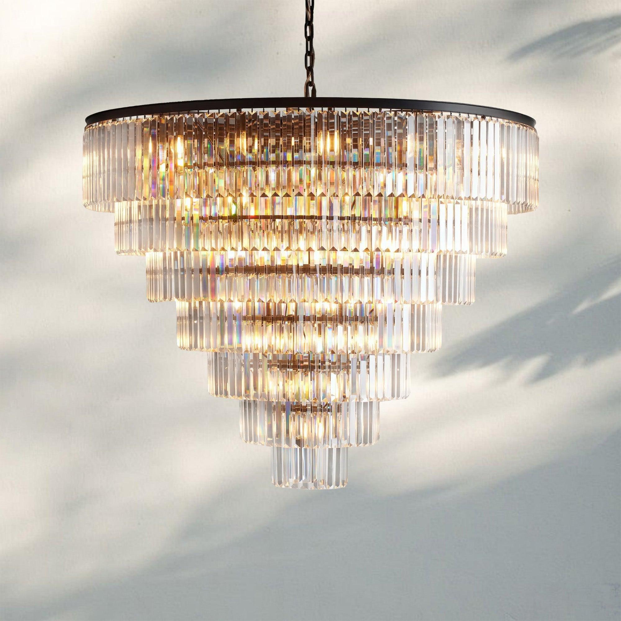 Leyland Tiered Round Chandelier French Art Deco Faceted Glass Steel