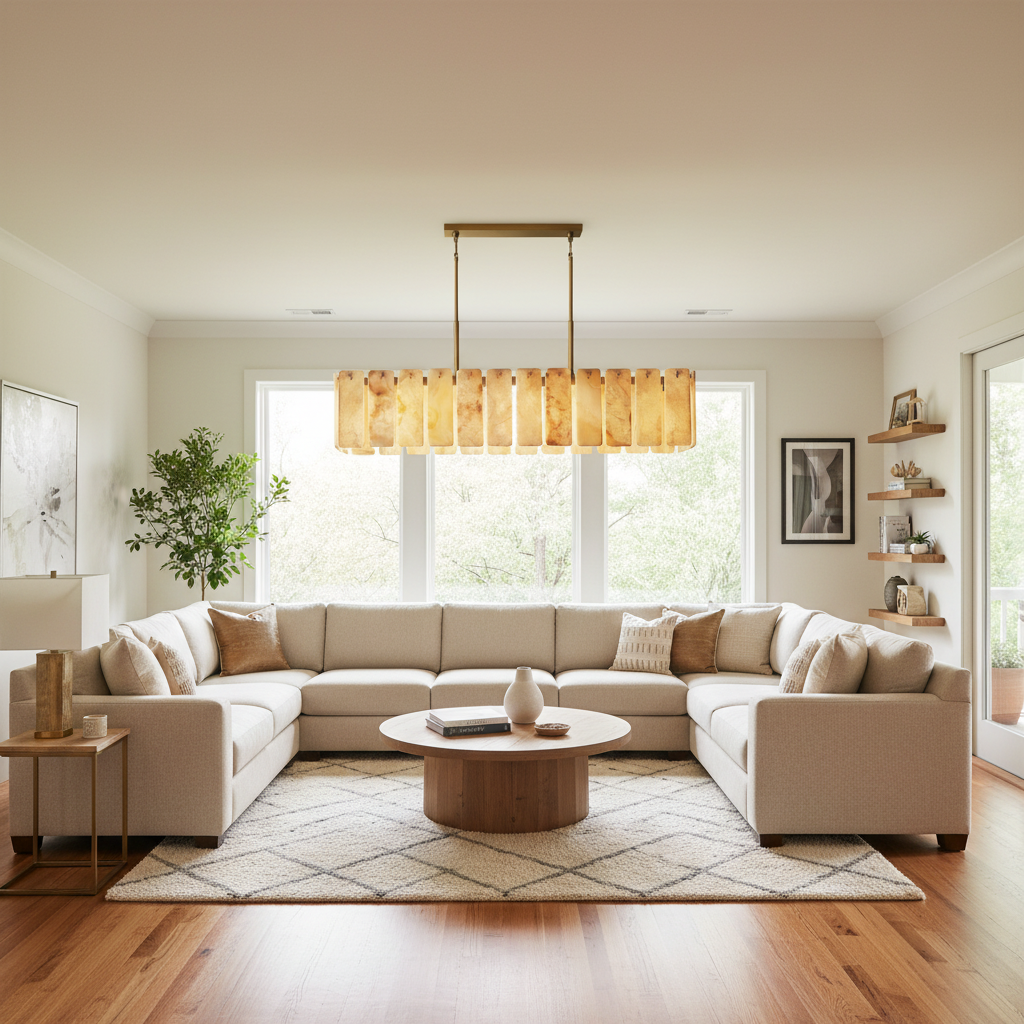 Belamette Alabaster Rectangular Chandelier in Brass and Bronze - living room Scene