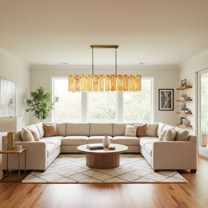 Belamette Alabaster Rectangular Chandelier in Brass and Bronze - living room Scene