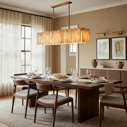 Belamette Alabaster Rectangular Chandelier in Brass and Bronze - dining room Scene