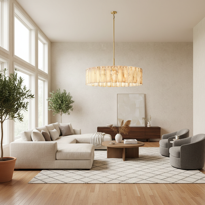 Belamette Alabaster Round Chandelier Luxury Brass Hanging Light - living room Scene