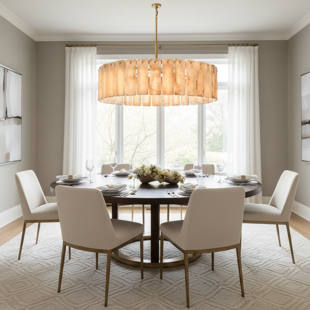 Belamette Alabaster Round Chandelier Luxury Brass Hanging Light - dining room Scene