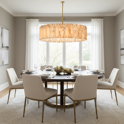 Belamette Alabaster Round Chandelier Luxury Brass Hanging Light - dining room Scene