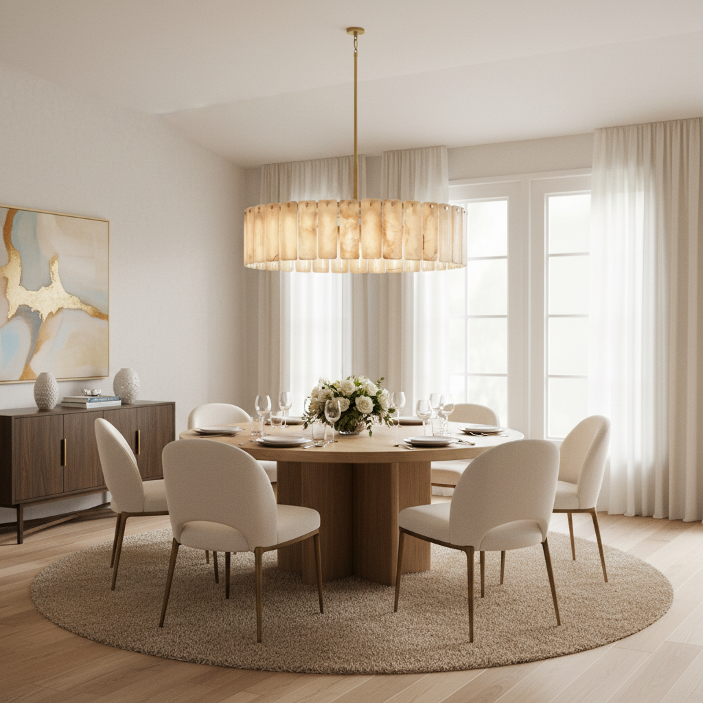 Belamette Alabaster Round Chandelier Luxury Brass Hanging Light - dining room Scene