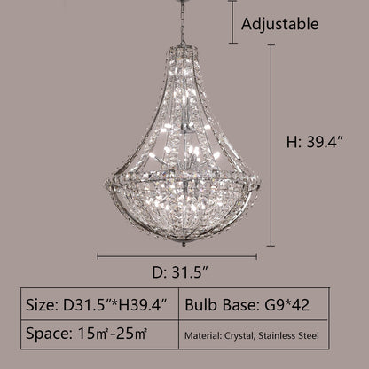 D31.5"*H39.4" chandelier,chandeliers,oversize,huge,big,silver,chrome,led,crystal,metal,stainless steel,high ceiling,villa,duplex hall,loft,Hotel Lobby