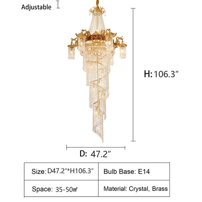 Extra Large Retro Luxury Full Copper Crystal Chandelier for Staircase/ Duplexes/ Villas