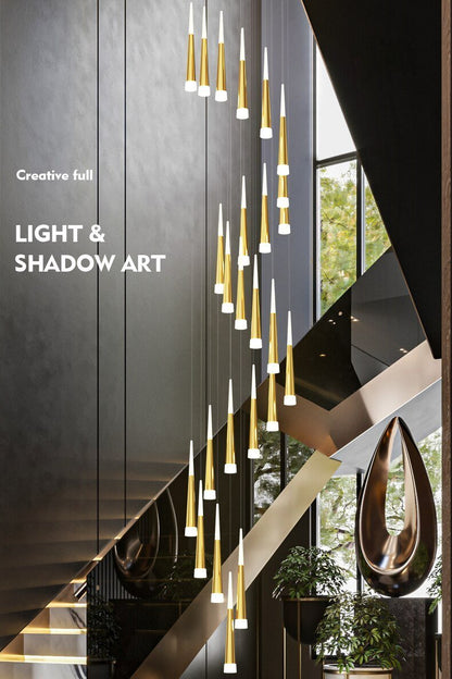 JC Golden/Black LED Hanging Meteor Rain Staircase Chandelier Golden lamp body / 9 Cone tube