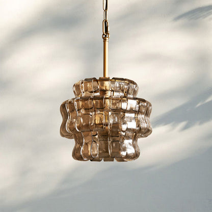 Ghiaccio Round Textured Glass Pendant Light in Brass or Bronze