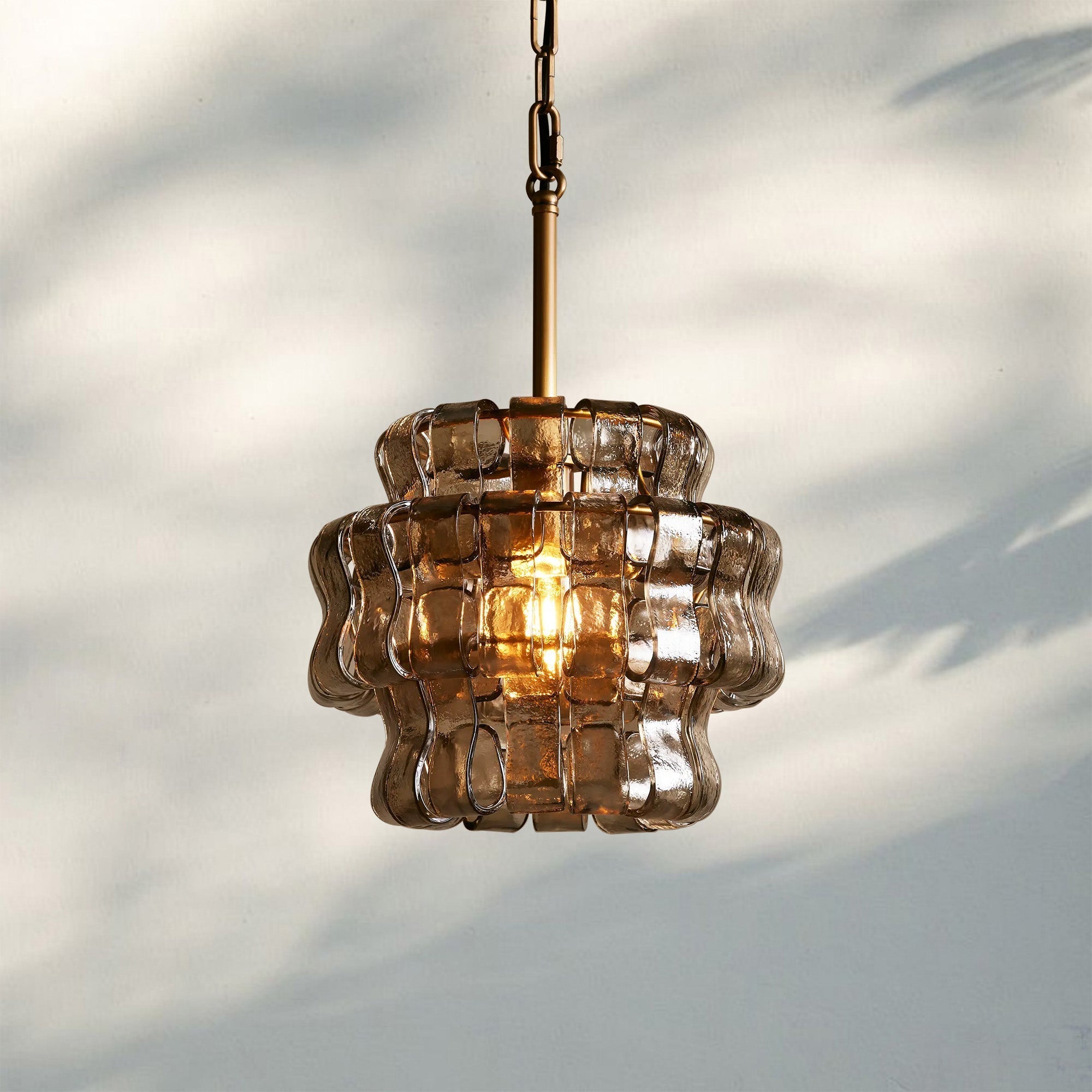 Ghiaccio Round Textured Glass Pendant Light in Brass or Bronze