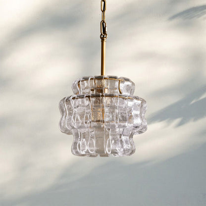 Ghiaccio Round Textured Glass Pendant Light in Brass or Bronze