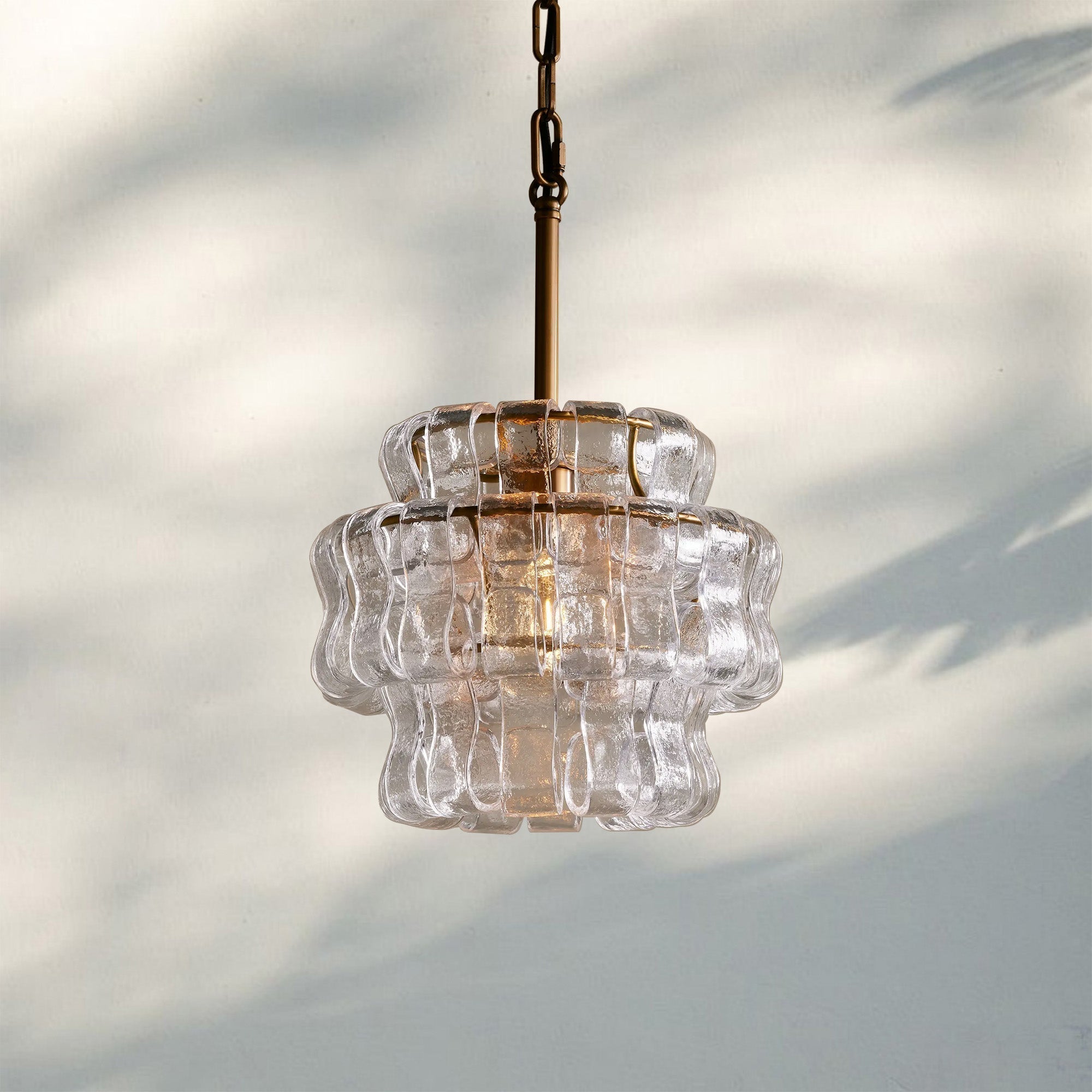Ghiaccio Round Textured Glass Pendant Light in Brass or Bronze