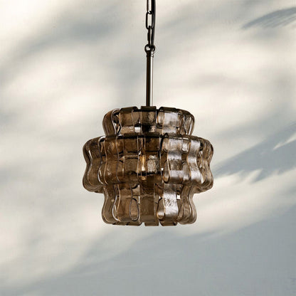 Ghiaccio Round Textured Glass Pendant Light in Brass or Bronze