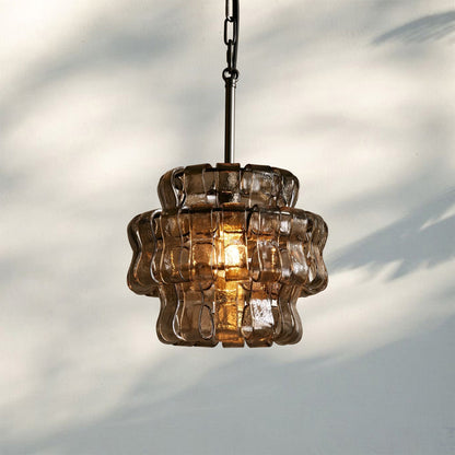 Ghiaccio Round Textured Glass Pendant Light in Brass or Bronze