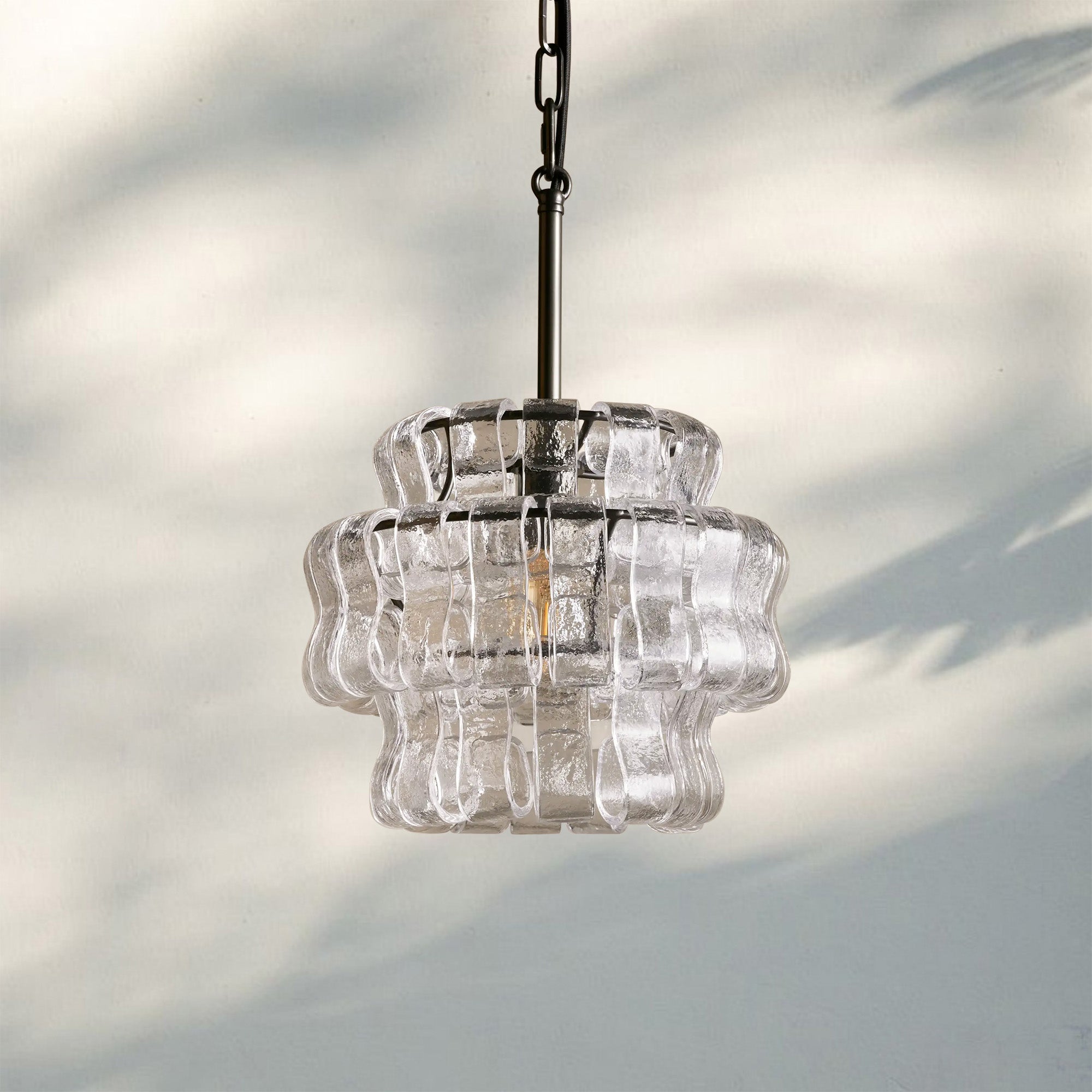Ghiaccio Round Textured Glass Pendant Light in Brass or Bronze