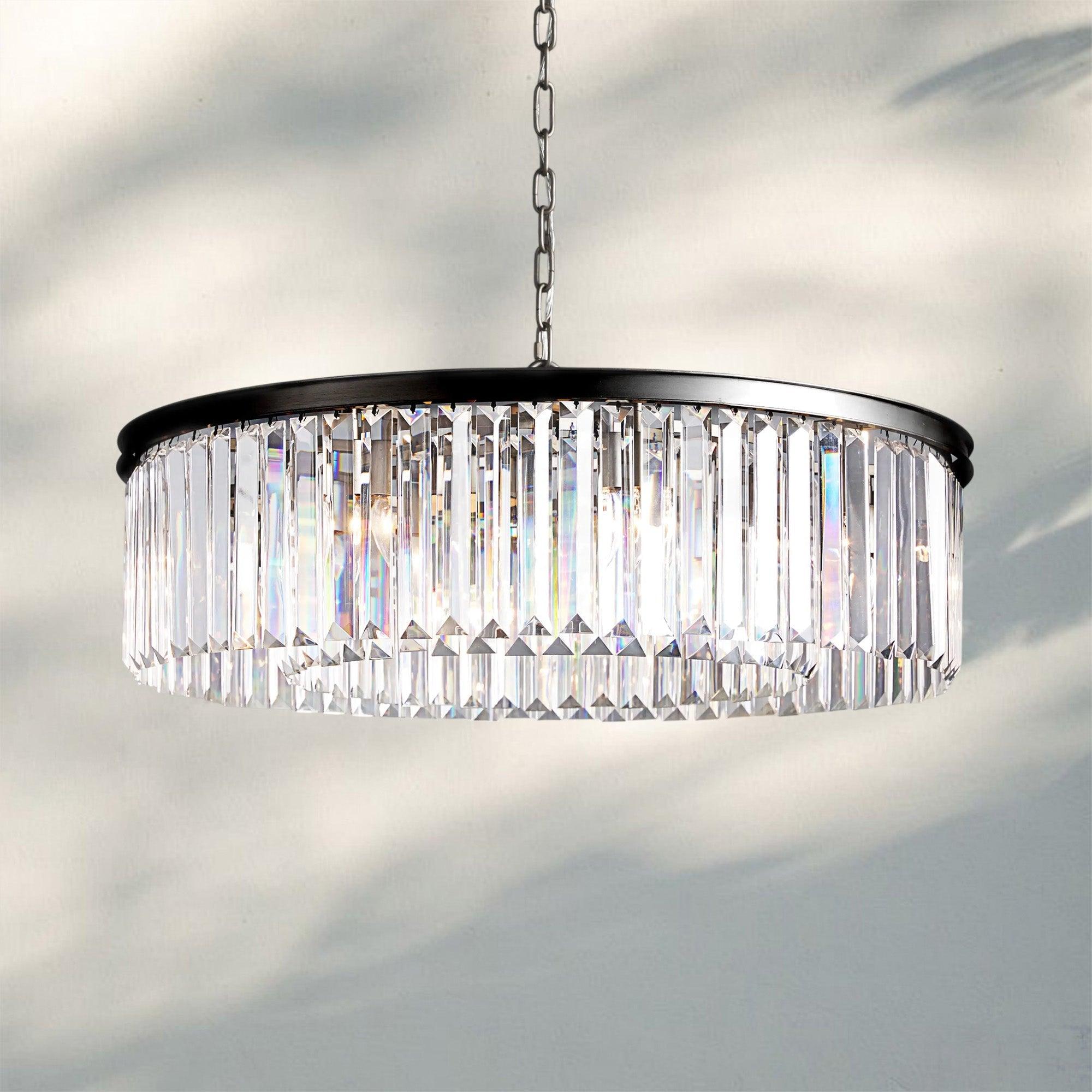 Leyland Crystal Round Chandelier Art Deco K9 Glass Iron Frame