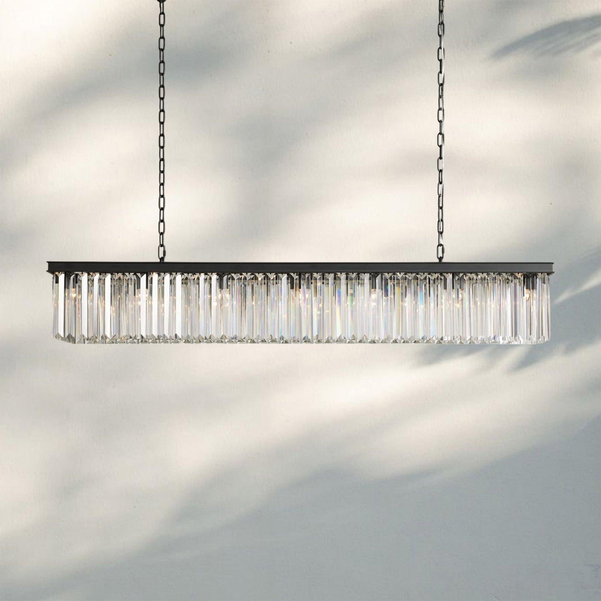 Glamorous Leyland Art Deco Crystal Rectangular Iron Linear Chandelier