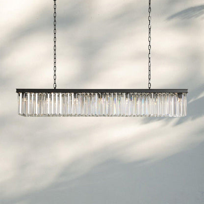 Glamorous Leyland Art Deco Crystal Rectangular Iron Linear Chandelier