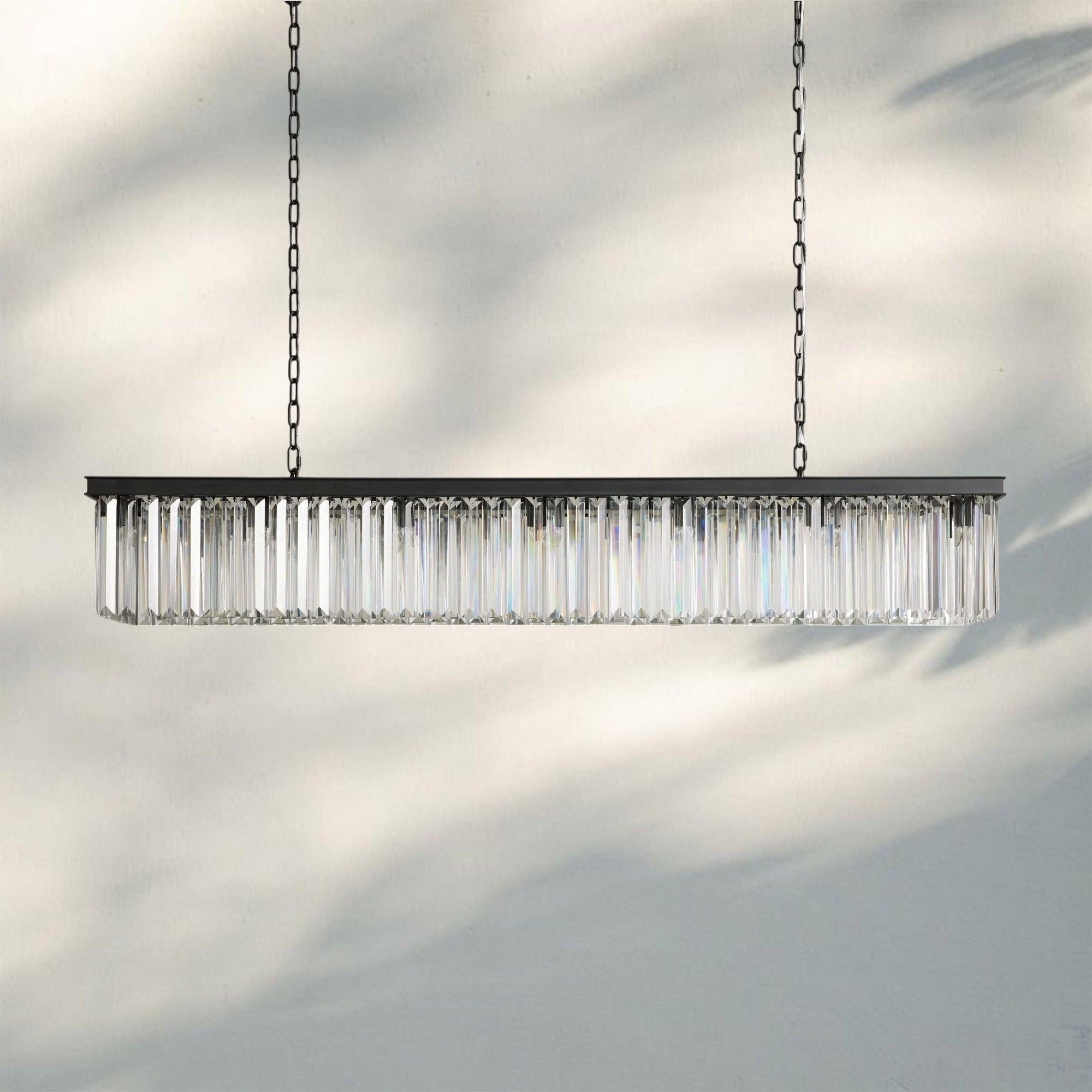 Glamorous Leyland Art Deco Crystal Rectangular Iron Linear Chandelier