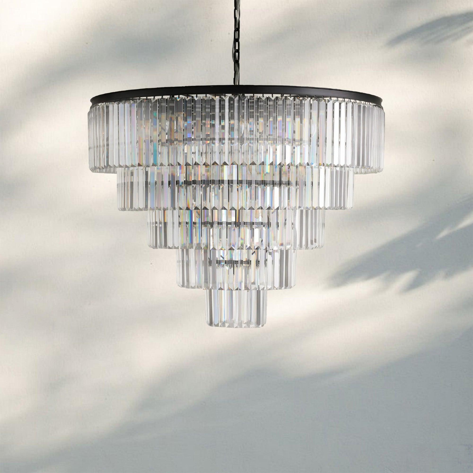 Leyland Tiered Round Chandelier French Art Deco Faceted Glass Steel