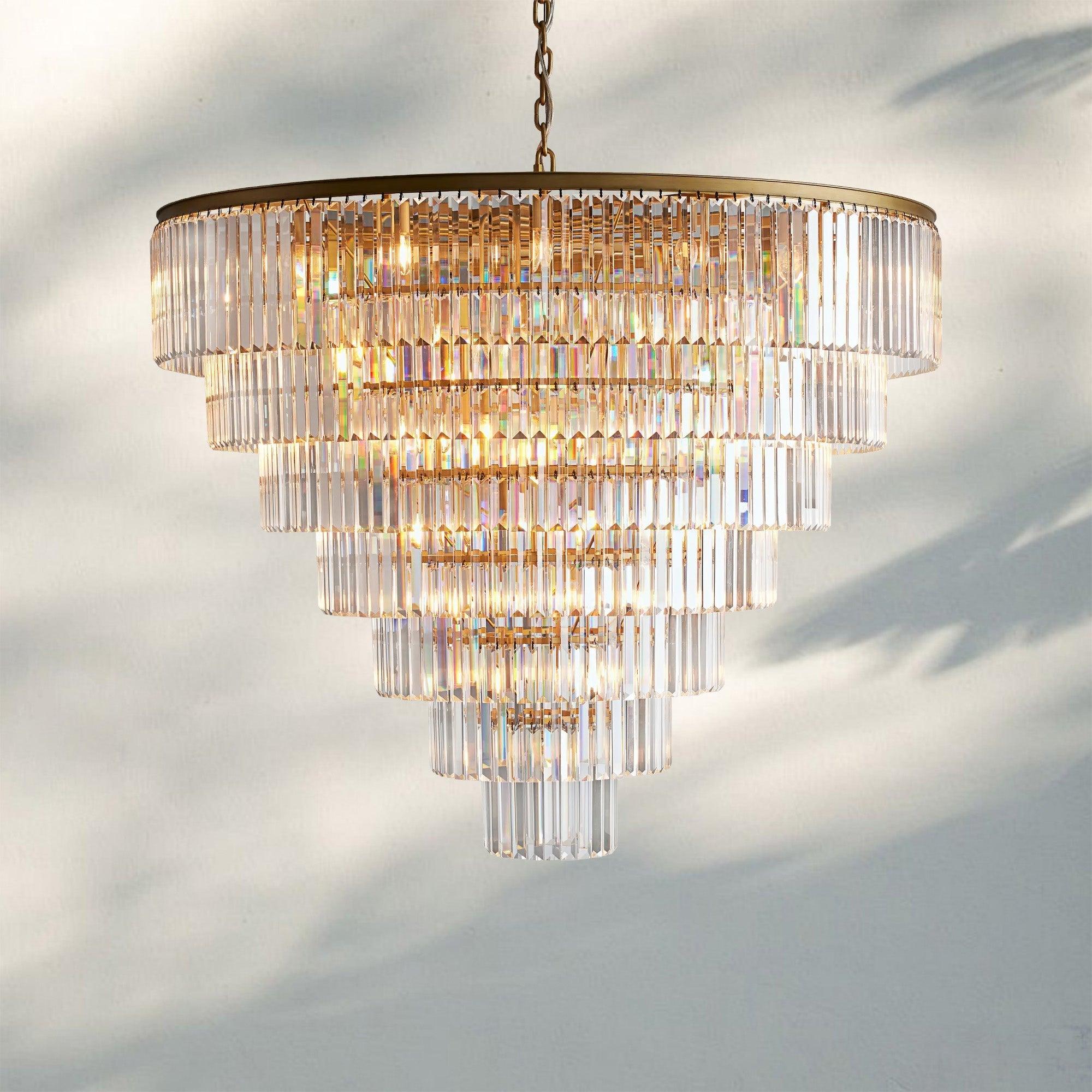 Leyland Tiered Round Chandelier French Art Deco Faceted Glass Steel