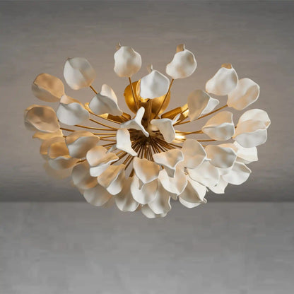 Lunaria Ceramic Petal Flush Mount Chandelier with Iron Frame